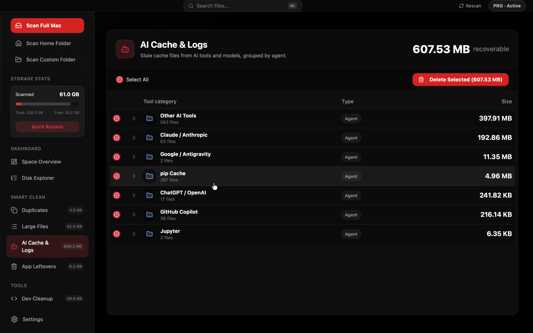 Reclaim's AI Cache view showing VS Code extension storage grouped by extension including Copilot