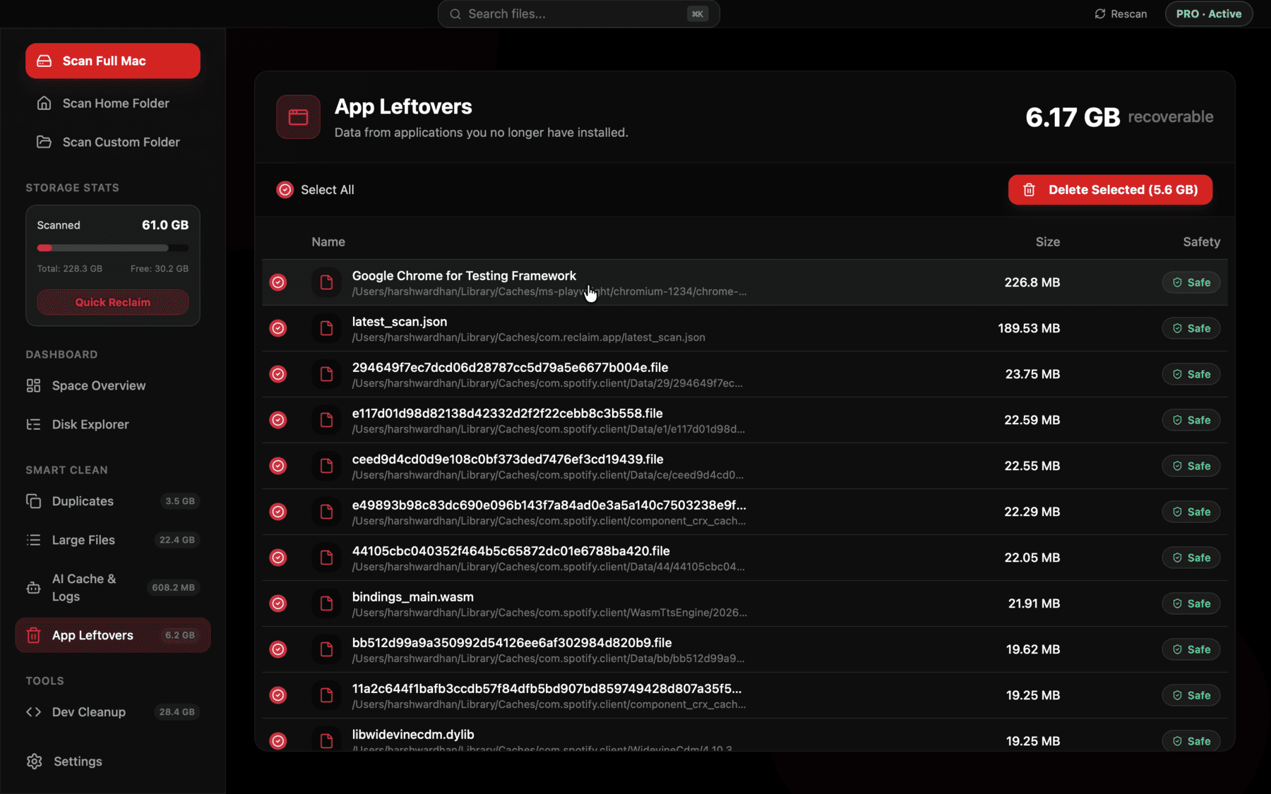 App Leftovers view listing Application Support and Caches folders from uninstalled apps