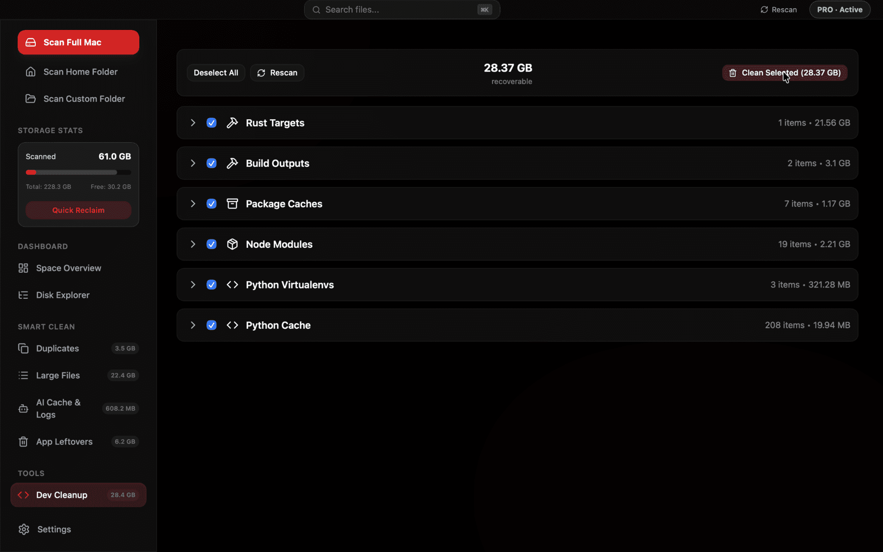 Reclaim's Dev Cleanup view listing node_modules and other dependency folders grouped by project with sizes