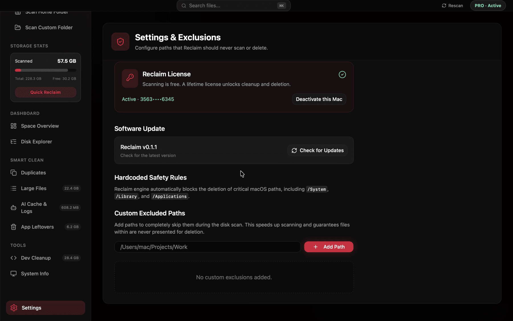 Reclaim settings screen showing app permissions and preferences
