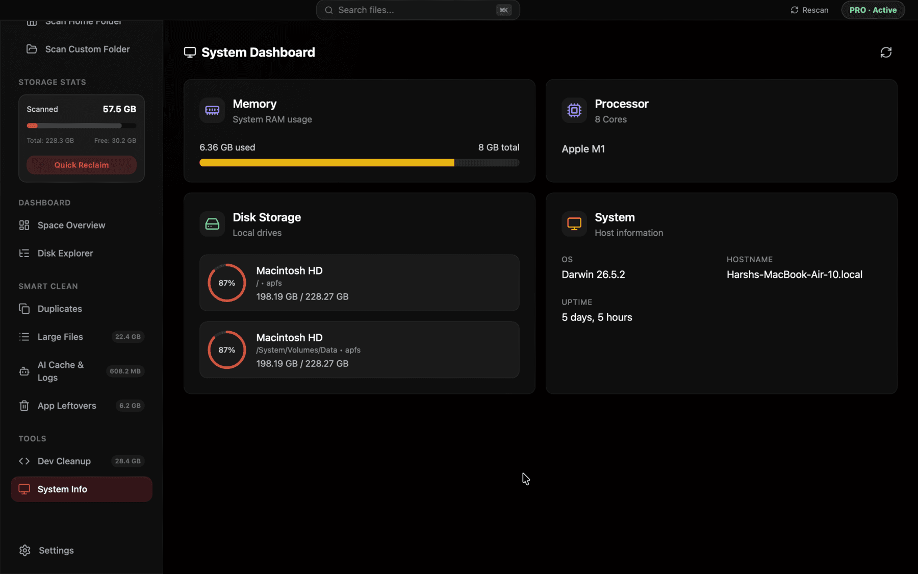Reclaim's system overview showing free space, volume breakdown, and largest categories on one screen