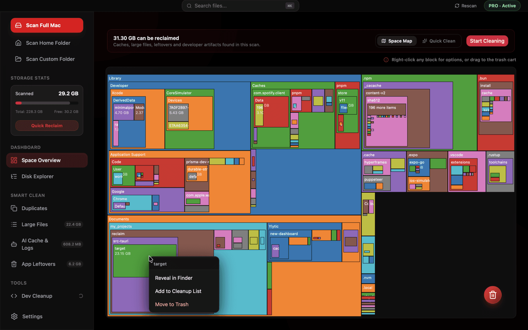 Interactive treemap showing disk usage broken down by folder and category